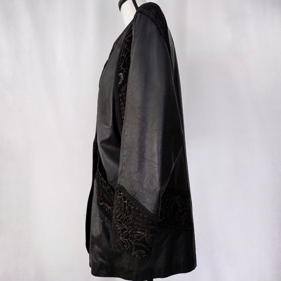 Vintage 1980s Black Leather & Suede Oversized Double Breasted Coat M /L - Picture 4 of 14